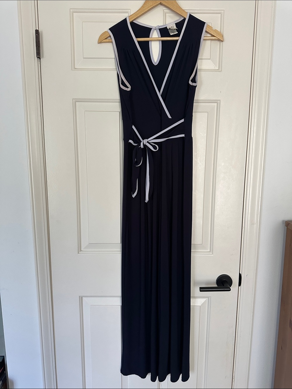 Sleeveless Navy Wrap Junpsuit with White Trim